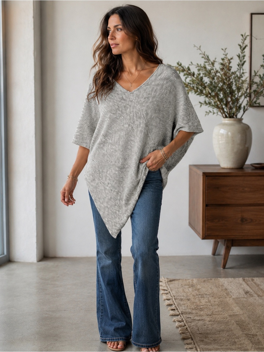 Vince Camuto Gray Ivory Textured Knit Poncho Top Asymmetrical Hem Oversized S/M